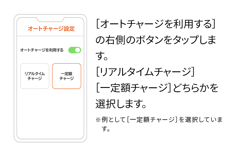 「オートチャージを利用する」の右横のボタンをタップします。[リアルタイムチャージ][一定額チャージ]どちらかを選択します。