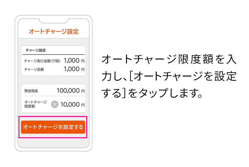 オートチャージ限度額を入力し、[オートチャージを設定する]をタップします。