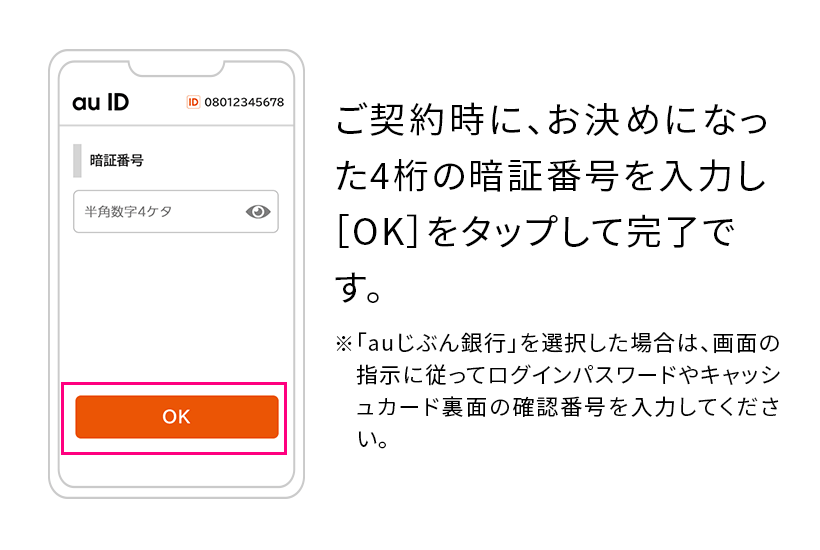 ご契約時にお決めになった4桁の暗証番号を入力し、[OK]をタップして、完了です。