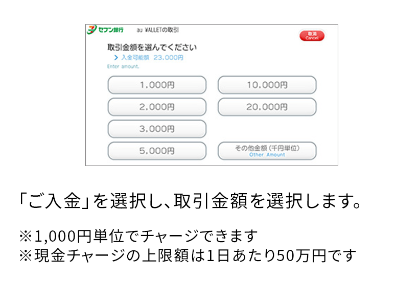 「ご入金」を選択し、取引金額を選択します。