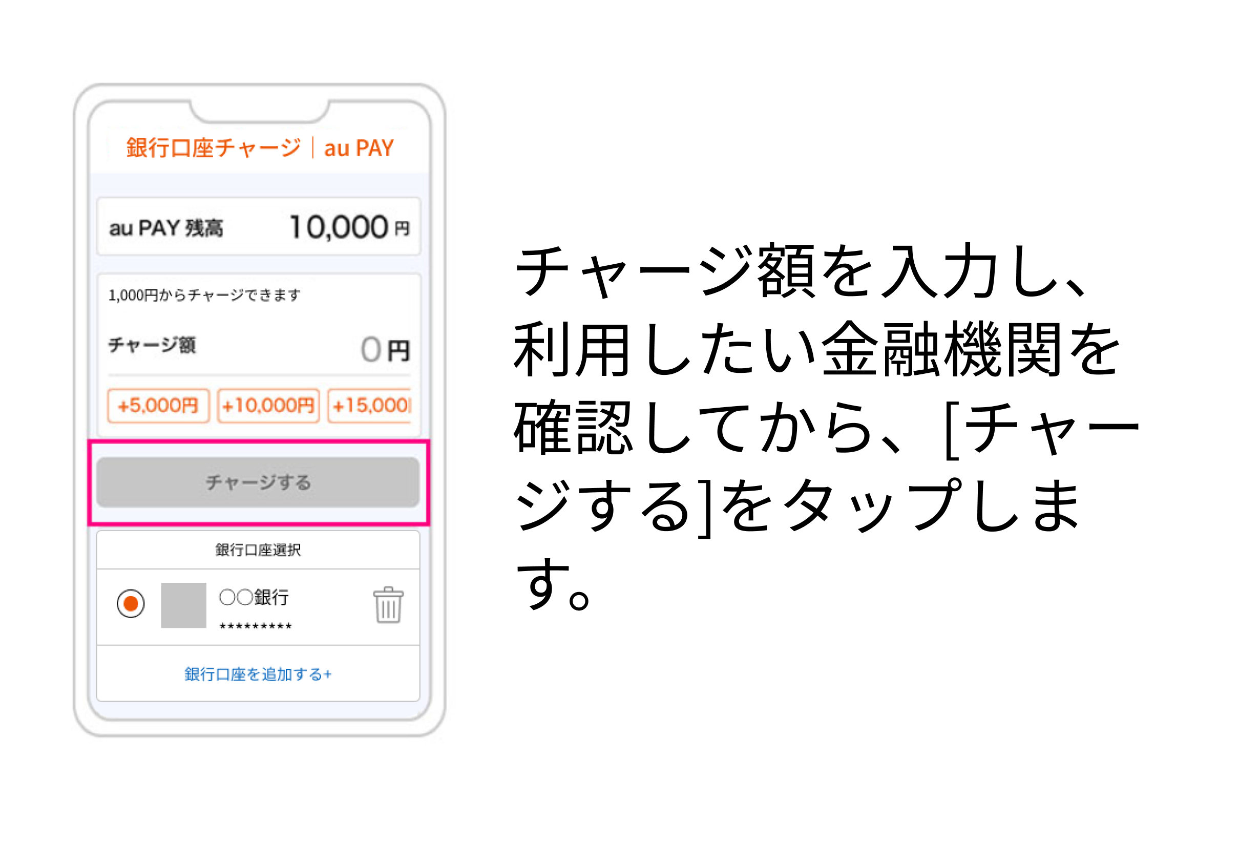 チャージする額を入力し、利用したい金融機関を確認してから、チャージするをタップします。